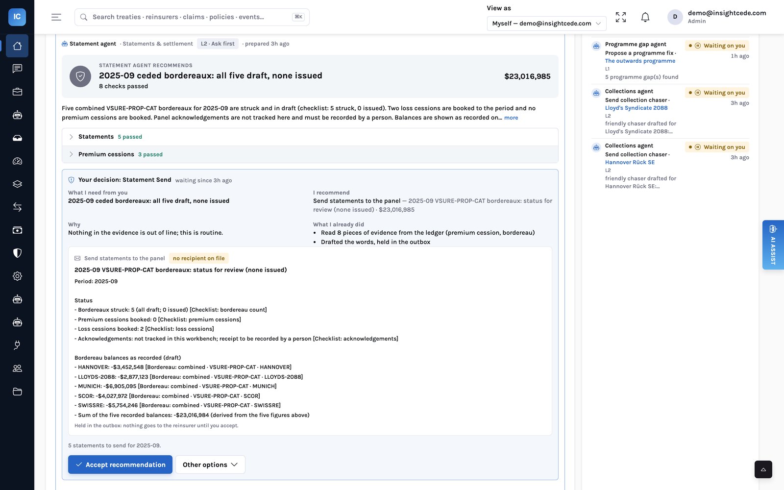 A statement agent decision for period 2025-09: five bordereaux struck and in draft, the checks passed, and the statement to the panel drafted and held, with Accept recommendation and Other options
