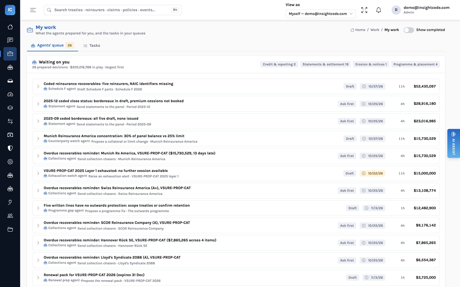 My work: the agents' queue as the first tab with a count, and a Tasks tab with collections, statements due, programme gaps, notices and decisions